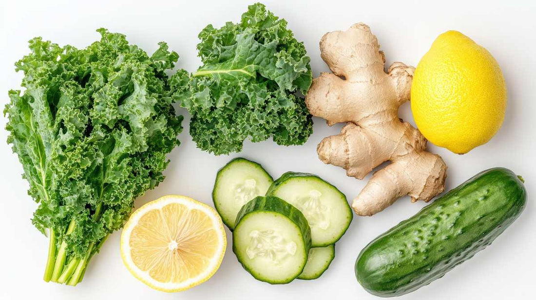 A white surface with cucumbers, lemons, ginger, kale and other vegetables