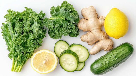 A white surface with cucumbers, lemons, ginger, kale and other vegetables
