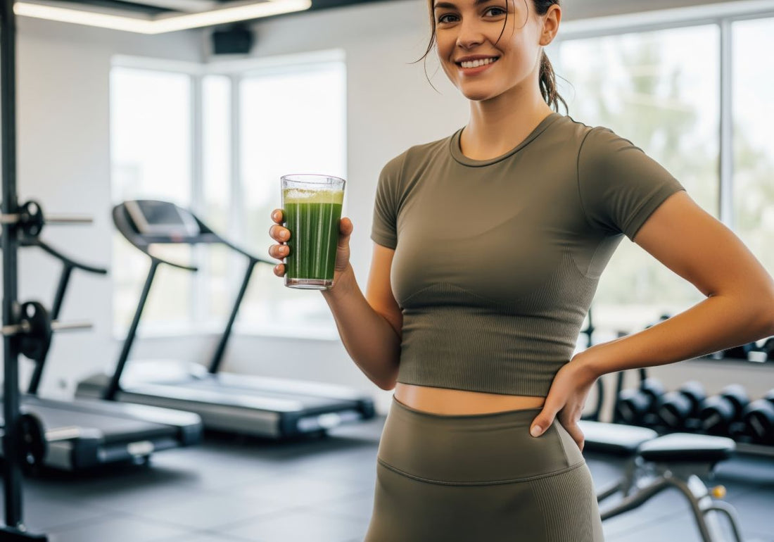 Healthy woman in fitness clothing holding green juice for nutrition after gym workout