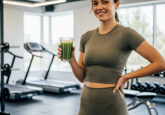 Healthy woman in fitness clothing holding green juice for nutrition after gym workout