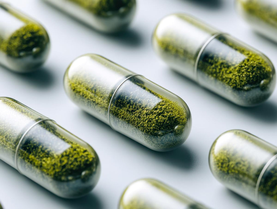 Close-up of capsules filled with green microalgae or powder