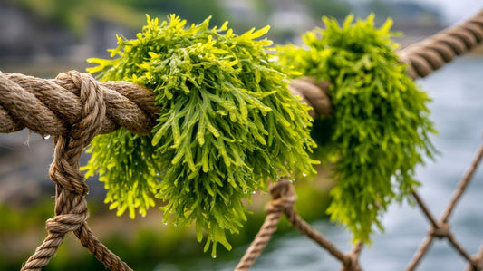 Sea Moss growing on nautical rope close up