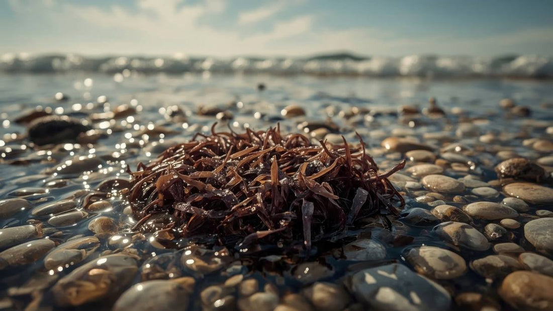 Close-up of seaweed on a pebbled beach with gentle waves and a sunny sky in the background
