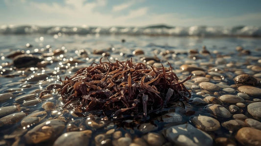 Close-up of seaweed on a pebbled beach with gentle waves and a sunny sky in the background