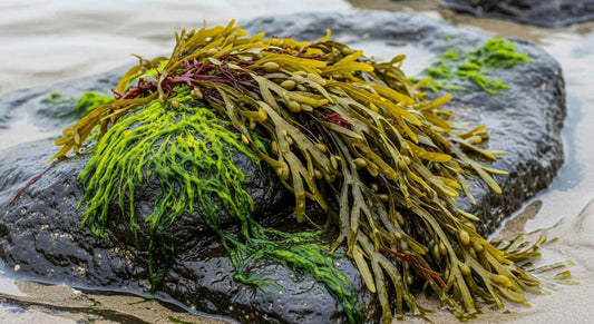 A rock covered in seaweed on a beach