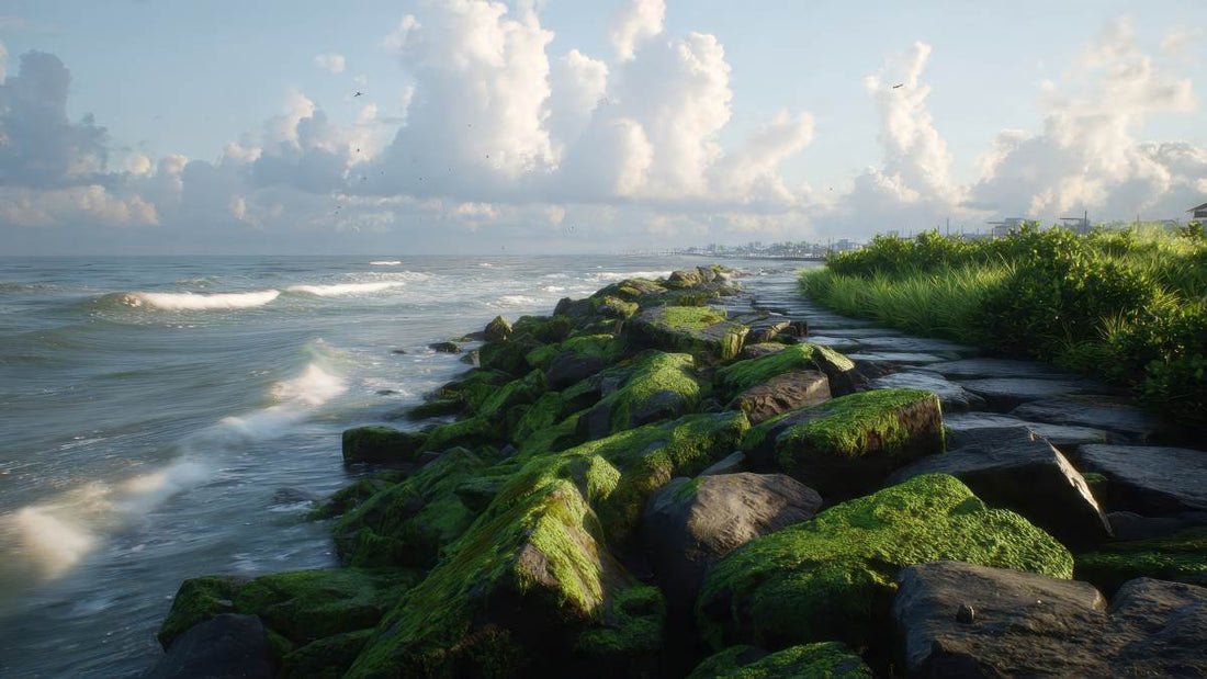 Coastal stone jetty covered in bright green moss borders ocean