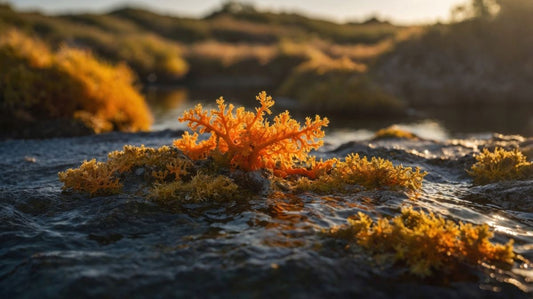 Vibrant orange coral-like structure on wet rock amidst a serene natural landscape at sunset