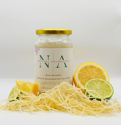 Citrus Power Gel - Sea Moss from Natural Abundance Jar and fruit on white background