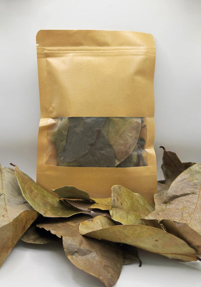 soursop leaves packaging pouch with dried leaves on a white background