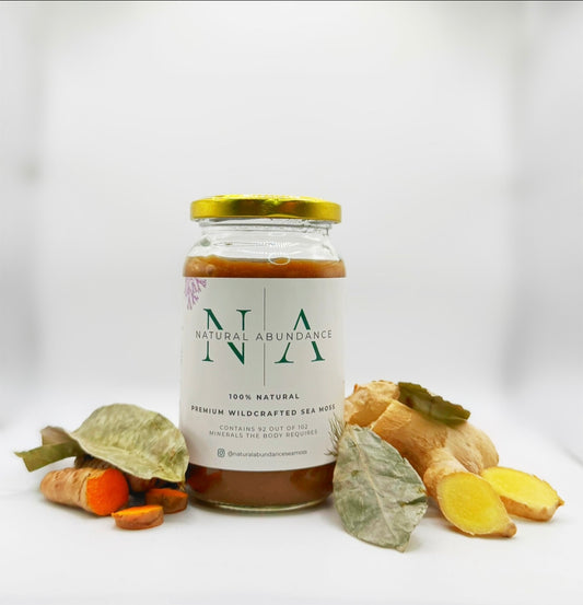 Jar of winter sea moss blend product with ingredients on a white background